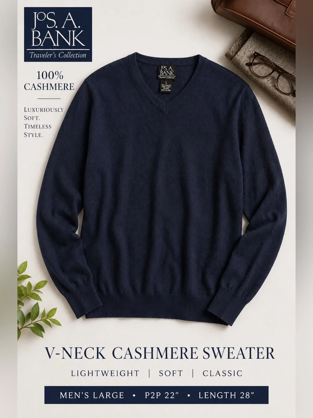 Jos. A. Bank Traveler’s Collection 100% Cashmere V-Neck Sweater Men’s Large Navy